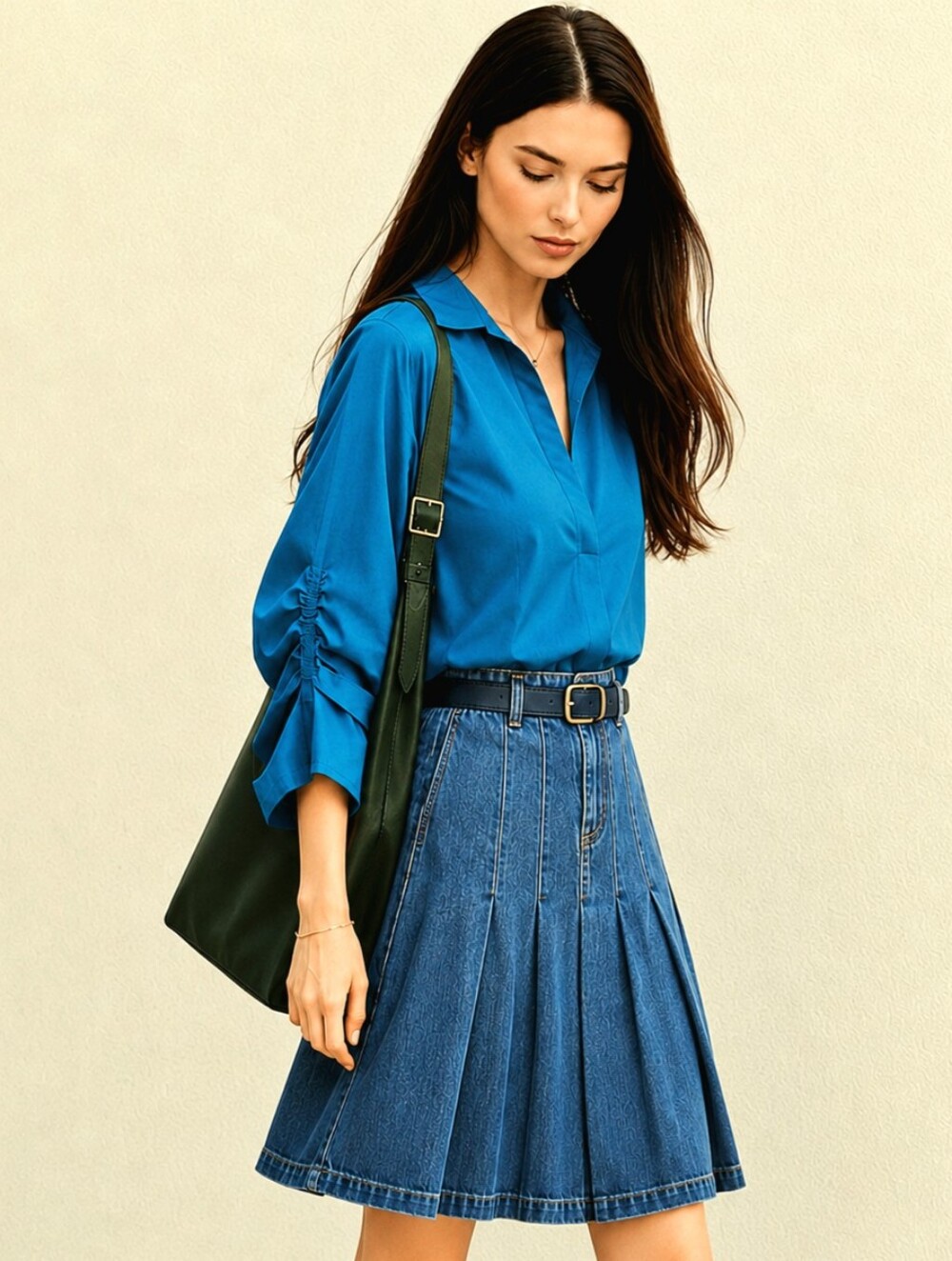 RICKI'S🦋Boho Blue Ruched Hook & Eye Closure Sit Back Shirt Sz: L